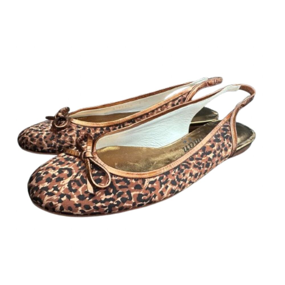 Delman Leopard Print Slingback Ballet Flats Bronze Metallic Bow Womens Size 5